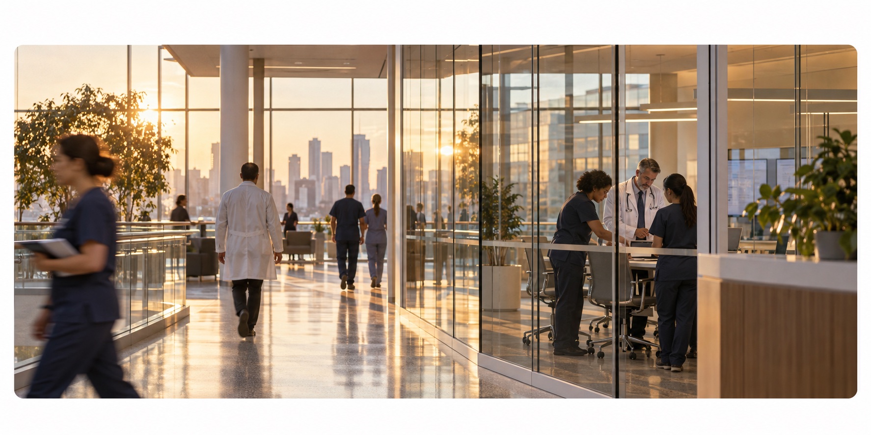 Healthcare & Life Sciences staff coordinating work in a modern hospital concourse at sunset.