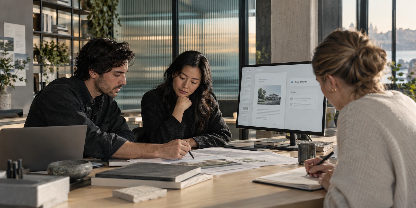 Generated illustration of three people reviewing a document together, with a quiet task-review interface on a desk screen.
