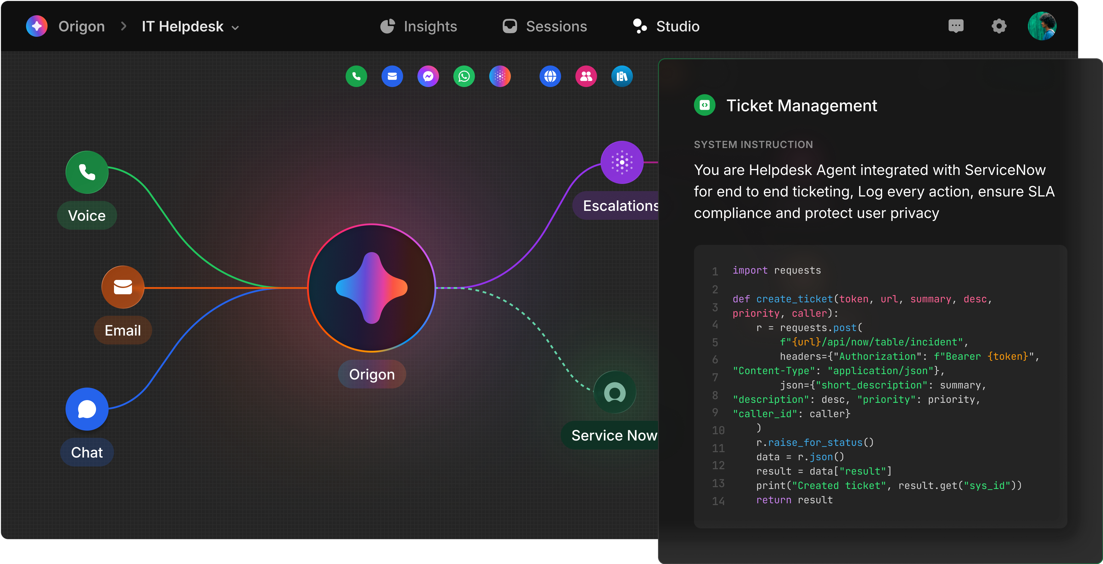 Studio visual editor for building AI agents in Origon