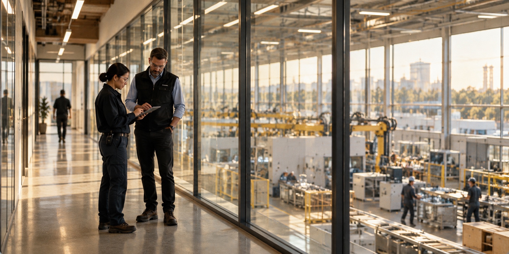 Manufacturing engineers coordinating work above an active production floor.