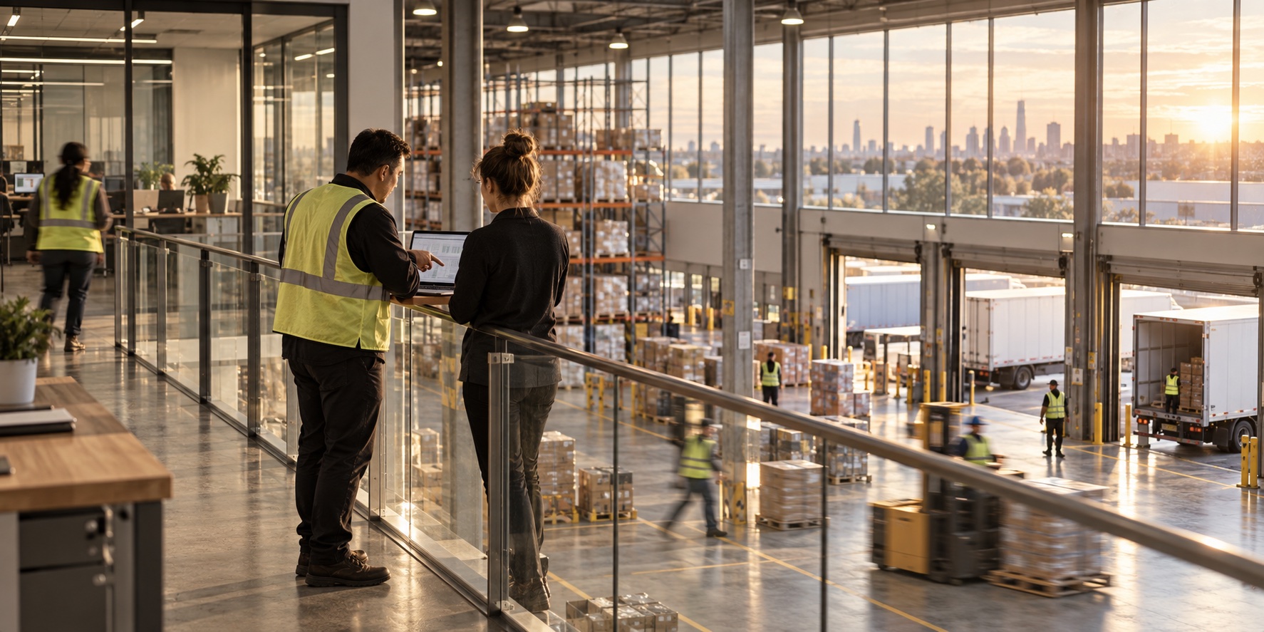 Logistics operations team coordinating from a mezzanine above a working distribution center.