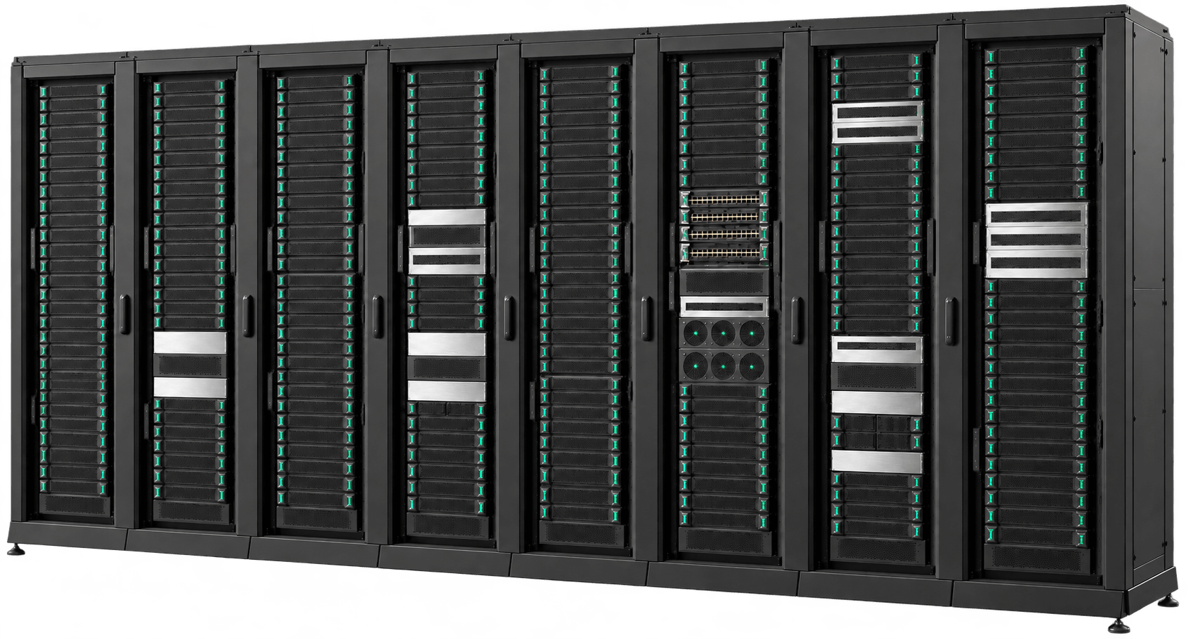 A long row of black server racks with teal-lit drive bays.