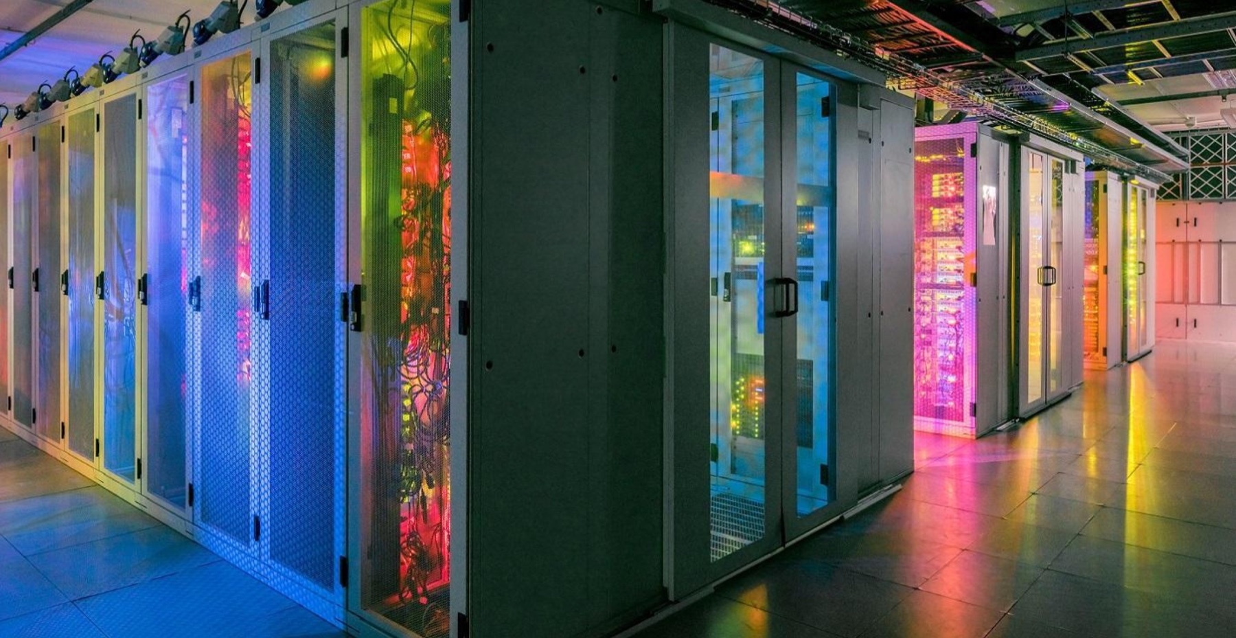 Color-lit server racks in a data center.